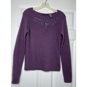 Hillard & Hanson Purple Angora Wool Blend Knit Sweater Beaded Sequin Floral Sz S